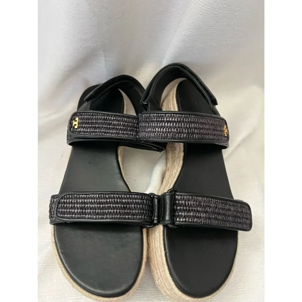 Tory Burch Black Woven Platform Espadrille Sandal in size 9
